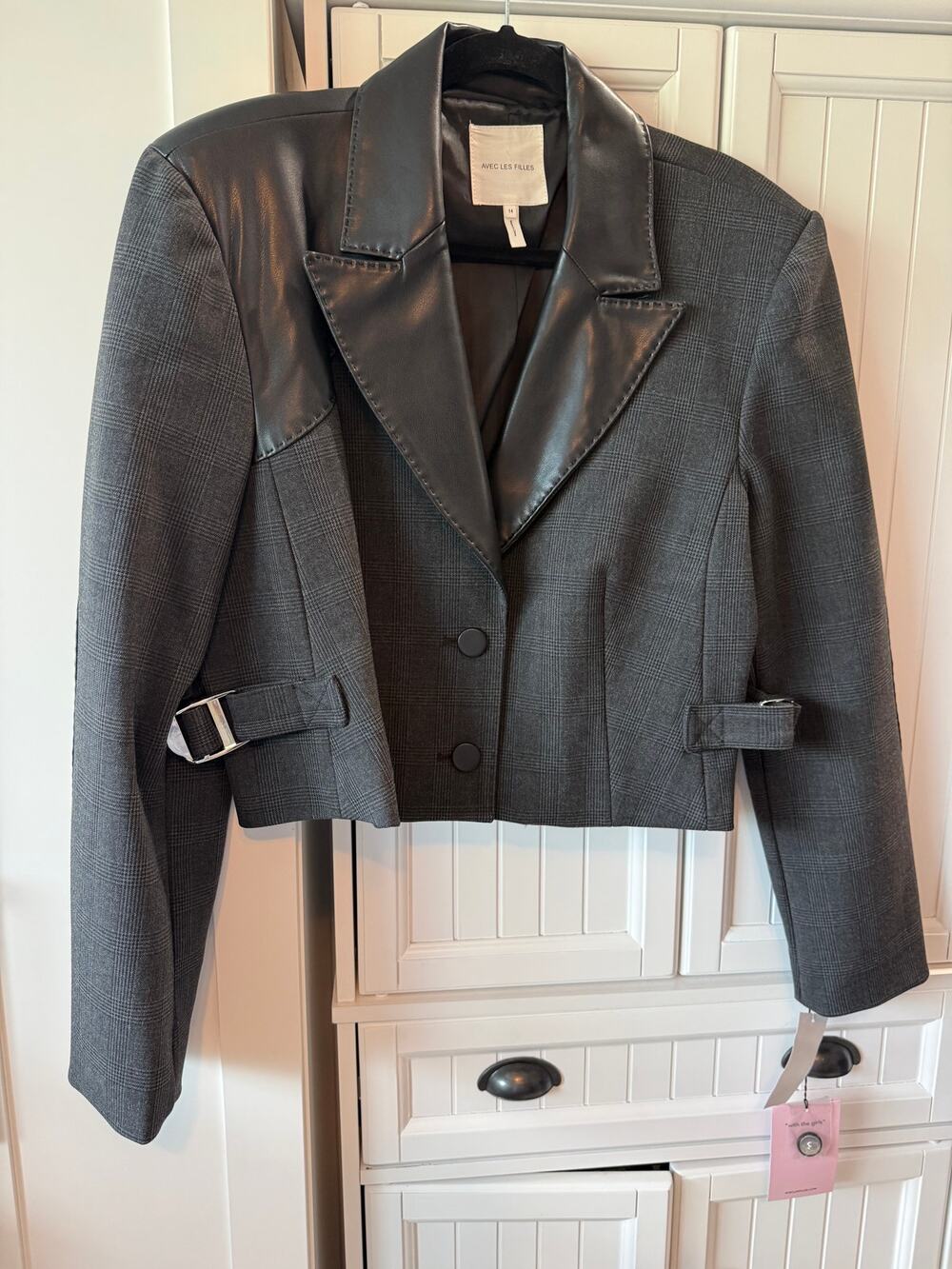 Avec Les Filles Plaid Cropped tweed faux leather jacket 14 NWT